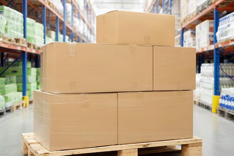 Versandkartons mit Haushaltsreinigern auf einer Palette in einem Schweizer Logistiklager