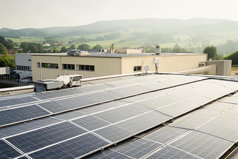 Solarmodule auf dem Produktionsdach von Jährlich Chemie AG mit Blick über Suhr im Aargau