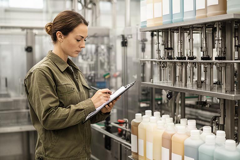 Mitarbeiterin prüft Reinigungsprodukte in der Produktionshalle in Suhr