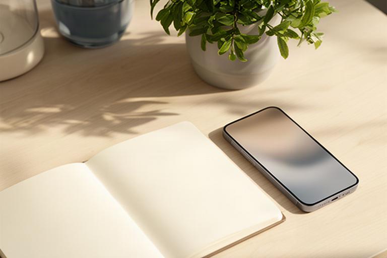 Offenes Notizbuch mit Datenschutzhinweisen neben einer Zimmerpflanze und einem Smartphone