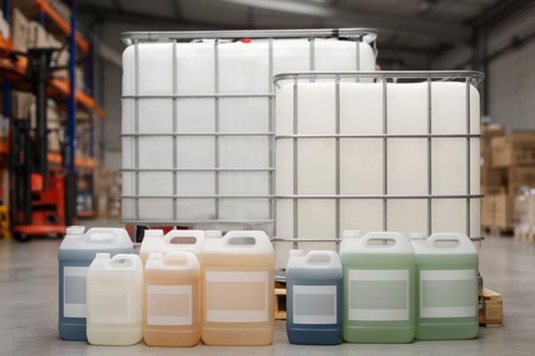 Reinigungsmittel in Ein-Liter-Gebinden und grossen Industriecontainern für den gewerblichen Einsatz
