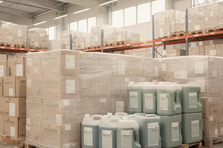 Paletten mit abgefüllten Reinigungsmitteln im Schweizer Logistikzentrum