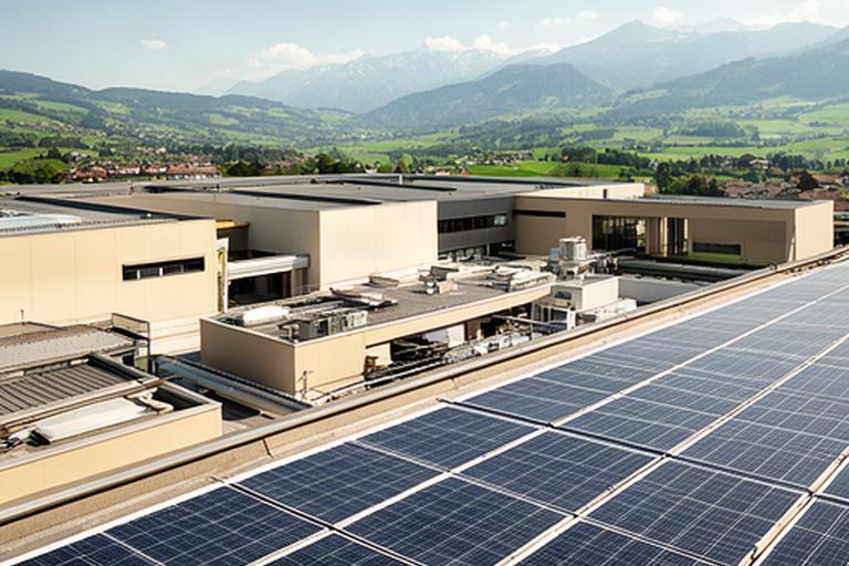 Photovoltaik-Module auf dem Dach einer Schweizer Produktionsstätte bei hellem Tageslicht