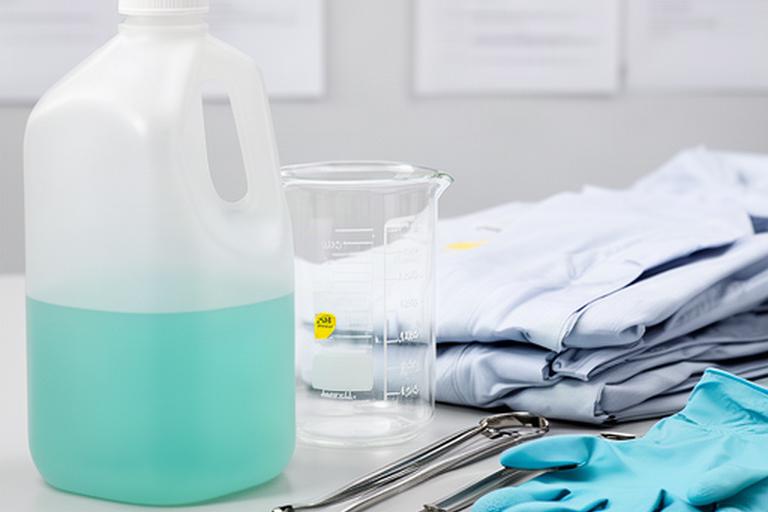 Desinfektionsmittel neben Schutzkittel und Messbecher in einem hygienischen Labor