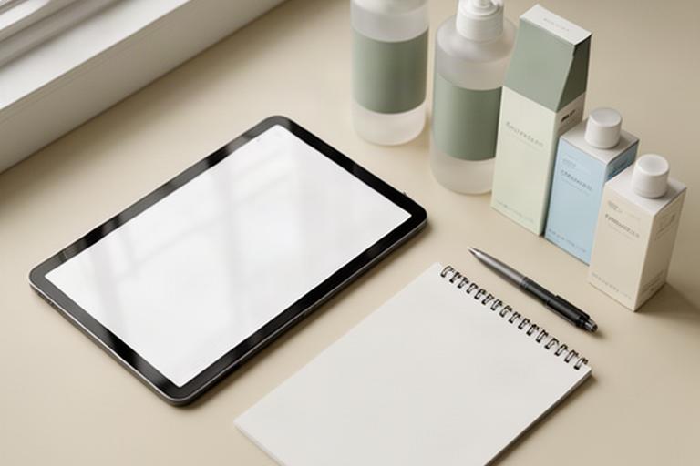 Tablet mit B2B-Bestellübersicht neben Reinigungsprodukten und Notizblock