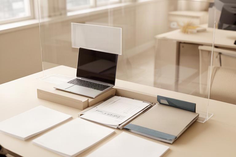 Helles Büro mit geordneten Unterlagen und einem geschützten Laptoparbeitsplatz