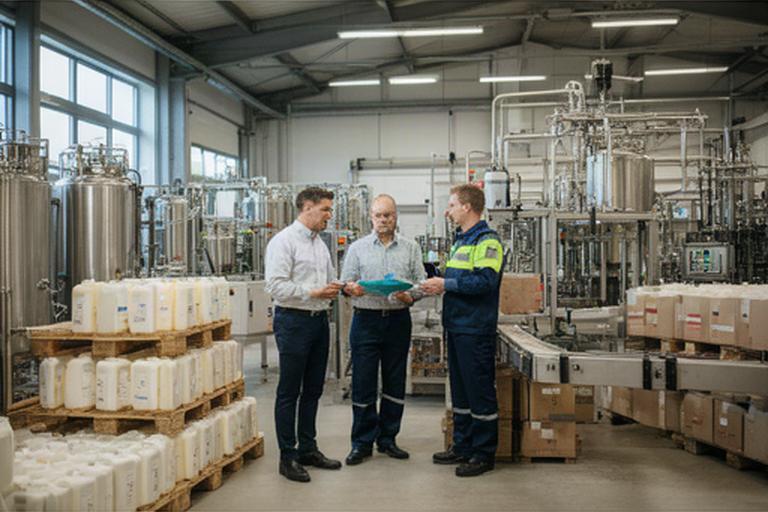 Chemikerin, Techniker und Logistikmitarbeiter im Gespräch in der Produktionshalle
