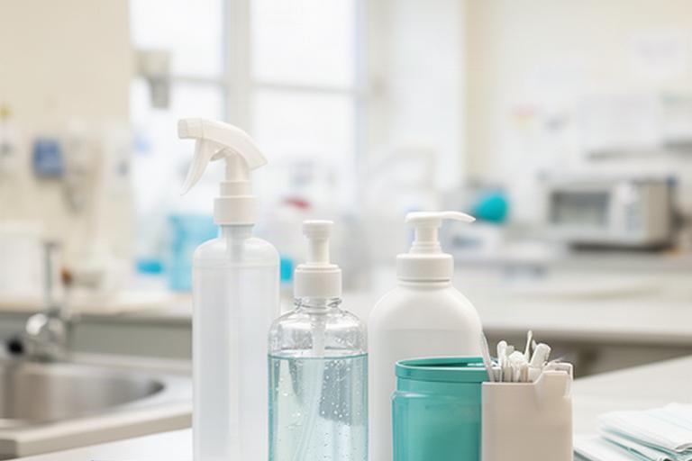 Desinfektionsmittel für Flächen und Hände in einem hellen professionellen Hygienebereich