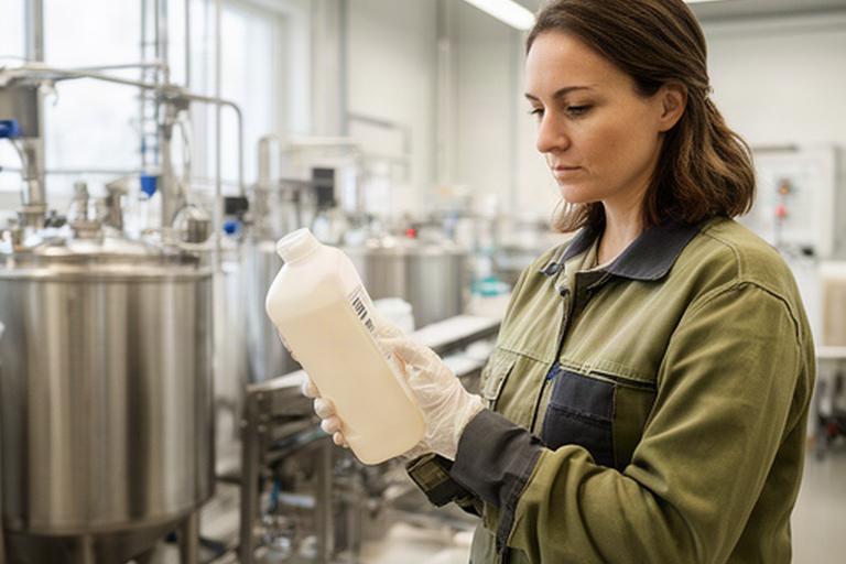 Mitarbeiterin prüft Reinigungsmittel in einem modernen Schweizer Produktionsbetrieb im Mittelland