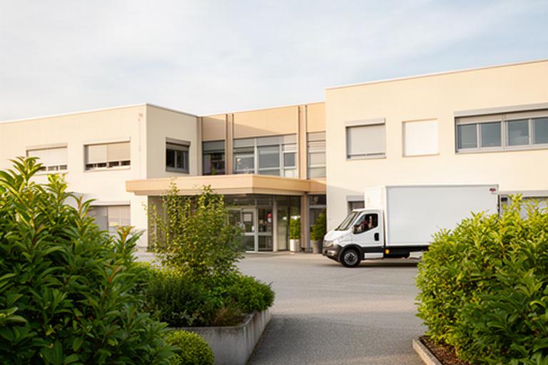 Aargauer Firmenstandort von Jährlich Chemie AG mit begrüntem Zugang und Lieferfahrzeug