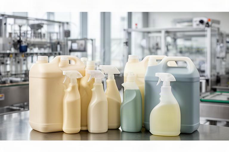 Sortiment professioneller Reinigungsmittel in einer hellen Schweizer Produktionsumgebung
