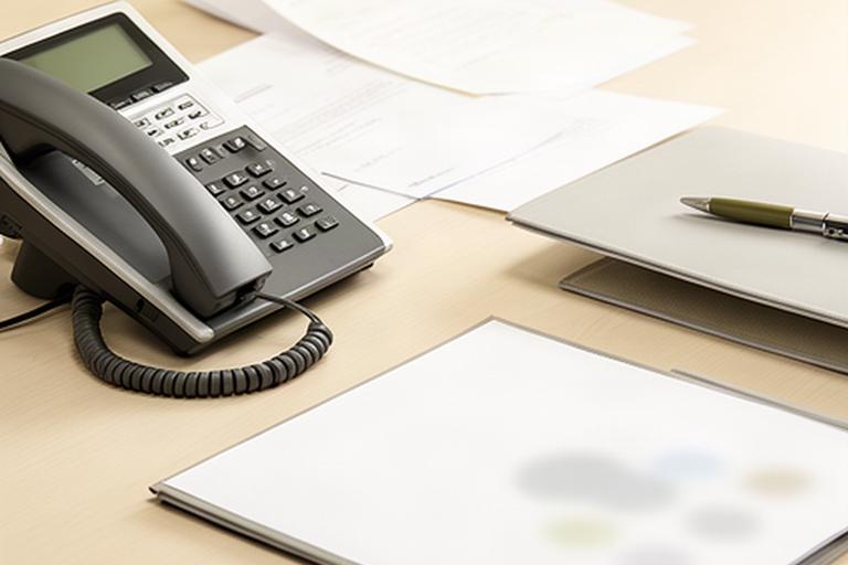 Geschäftliche Kontaktaufnahme an einem Schreibtisch mit Telefon, Tastatur und Papierunterlagen