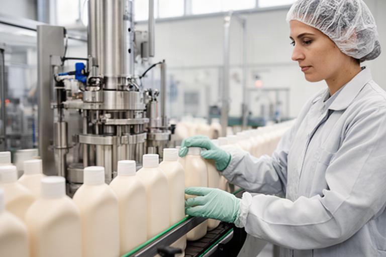 Produktionsmitarbeiterin kontrolliert abgefüllte Reinigungsflaschen an einer Anlage