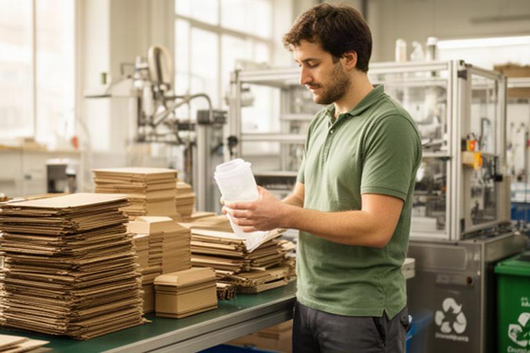 Mitarbeiter kontrolliert nachhaltige Verpackungen in der Produktionsstätte von Jährlich Chemie AG in Suhr