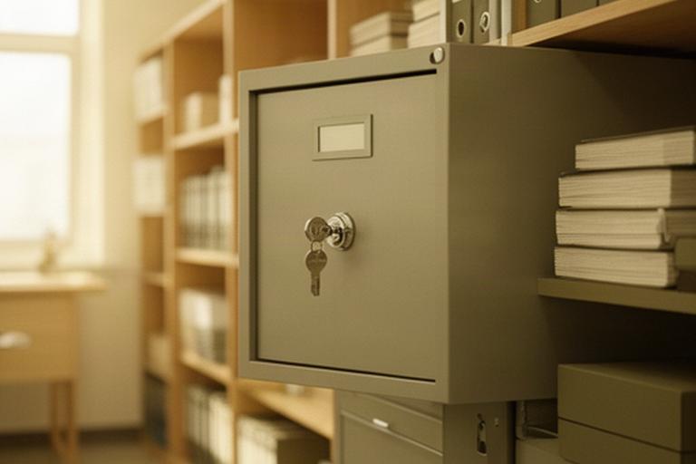 Verschlossener Aktenschrank in einem aufgeräumten Lagerbüro mit warmem Tageslicht