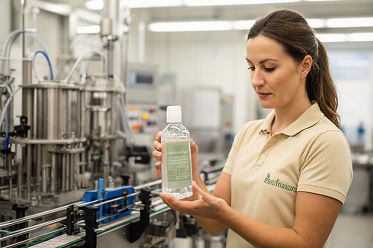 Mitarbeiterin prüft Reinigungsmittel in einer hellen Schweizer Produktionshalle