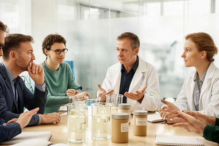 Team bespricht Rezepturproben an einem Tisch im Schweizer Entwicklungsraum