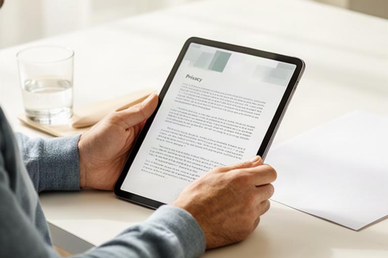 Person liest eine Datenschutzerklärung auf einem Tablet an einem hellen Schreibtisch