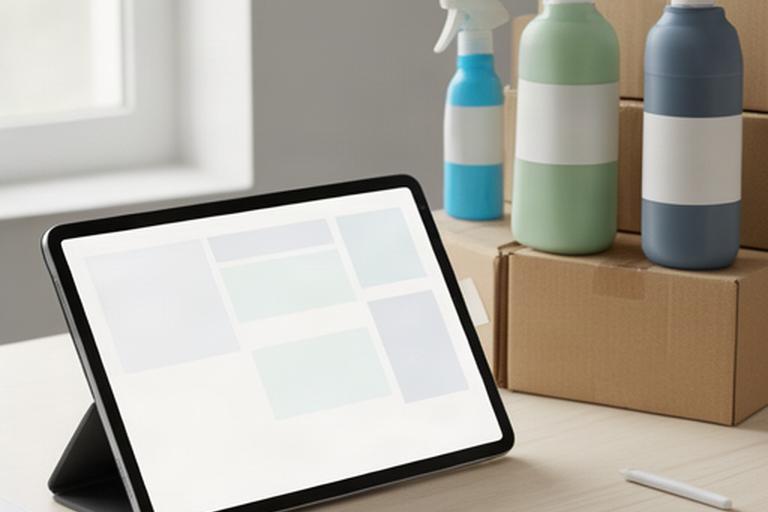 Tablet mit geschäftlicher Produktbestellung und verpackten Reinigungsartikeln im Hintergrund